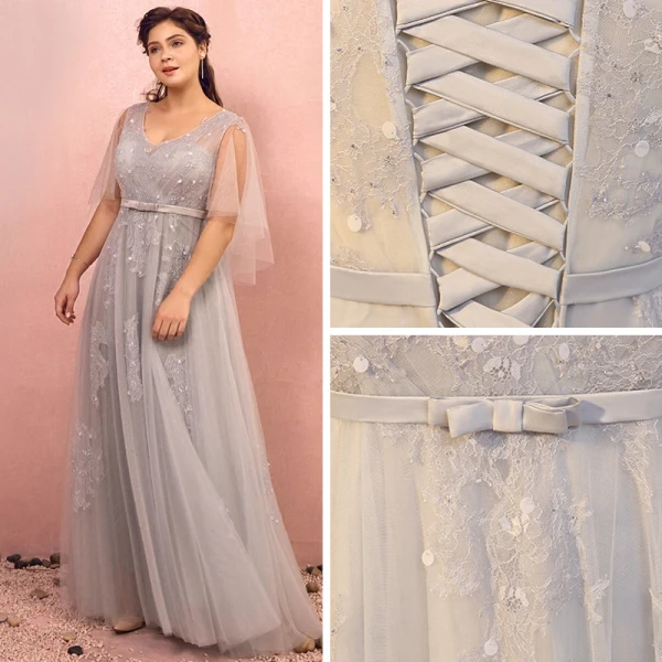 Chic / Belle Gris Grande Taille Robe De Bal 2018 Princesse V-Cou Tulle Lacer Appliques Dos Nu Perlage Paillettes Soirée Robe De Soirée