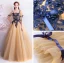 Classic Elegant Yellow Floor-Length / Long Evening Dresses  2018 A-Line / Princess U-Neck Tulle Embroidered Backless Beading Evening Party Prom Dresses