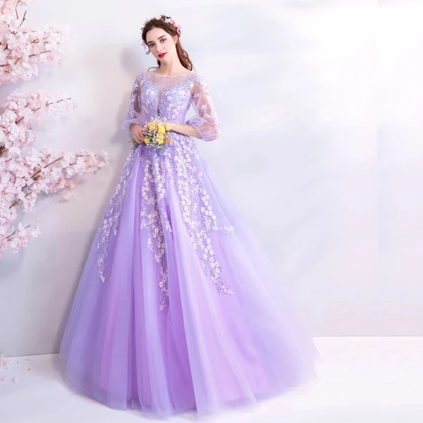 Flower Fairy Lavender Floor-Length / Long Prom Dresses 2018 A-Line / Princess Tulle U-Neck Appliques Backless Beading Evening Party Prom Formal Dresses