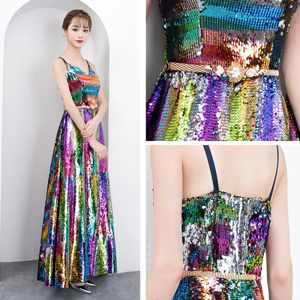 Scintillantes Bling Bling Multi-Couleurs Longue Robe De Soirée 2018 Princesse V-Cou Perlage Paillettes Cocktail Soirée Robe De Ceremonie