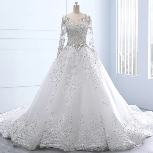 Luxury / Gorgeous White Royal Train Wedding 2018 Tulle U-Neck Backless Beading Crystal Rhinestone Ball Gown Wedding Dresses