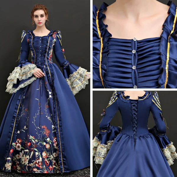 Vintage / Retro Traditional Floor-Length / Long Ball Gown Navy Blue Prom Dresses 2018 Lace-up U-Neck Charmeuse Backless Printing Prom Formal Dresses