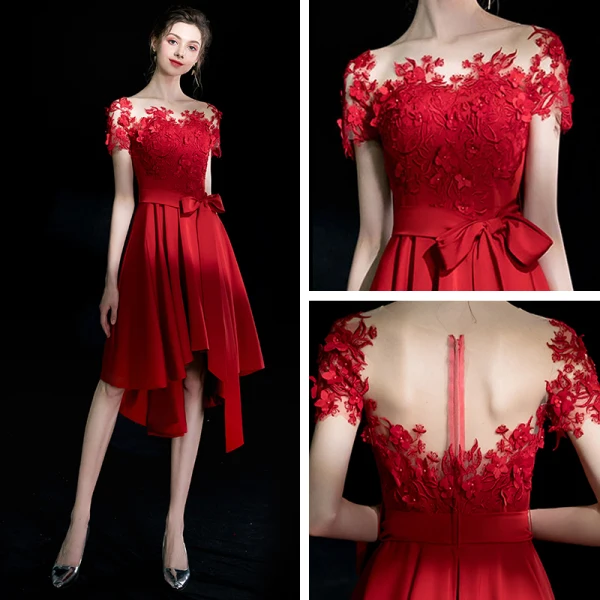 Modern / Fashion Red Short Homecoming Graduation Dresses 2018 A-Line / Princess U-Neck Charmeuse Appliques Backless Beading Formal Dresses