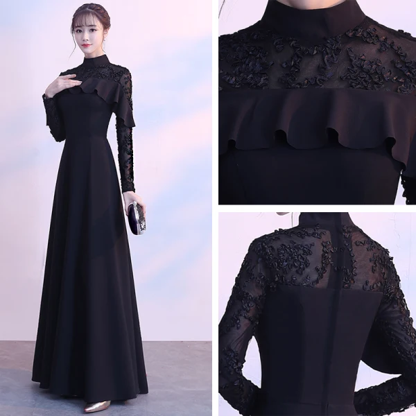 Modest / Simple Black Floor-Length / Long Evening Dresses 2018 A-Line / Princess Lace-up High Neck Long Sleeve Charmeuse Formal Dresses