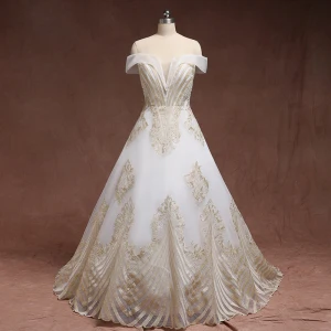 Unique Doré Blanche Grande Taille Robe De Mariée 2019 Princesse Dentelle Charmeuse Bustier Appliques Dos Nu Perlage Fait Main Tribunal Train Mariage