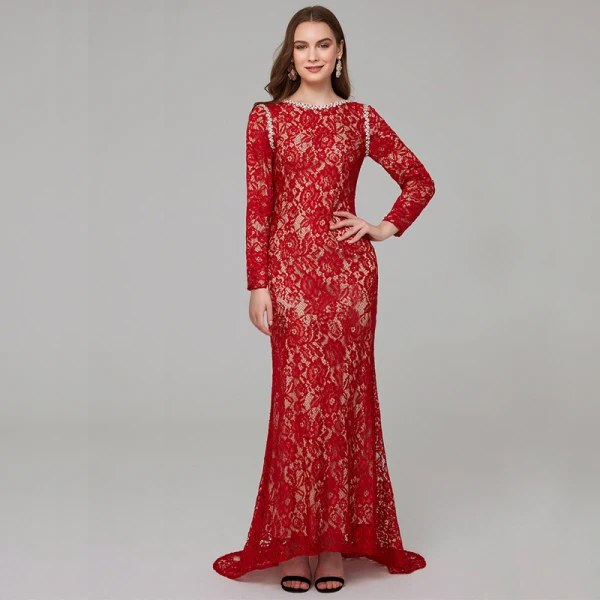 Chic / Beautiful Red Mother Of The Bride Dresses 2020 Trumpet / Mermaid Long Sleeve U-Neck Beading Embroidered Rhinestone Sweep Train Wedding Evening Party Wedding Party Dresses