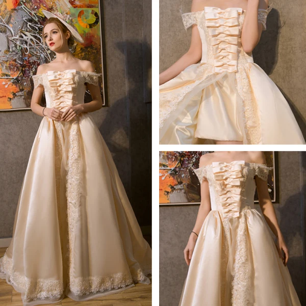 Vintage / Retro Medieval Champagne Prom Dresses 2021 A-Line / Princess Off-The-Shoulder Sleeveless Crossed Straps Lace Tulle Appliques Backless Sweep Train Prom Formal Dresses