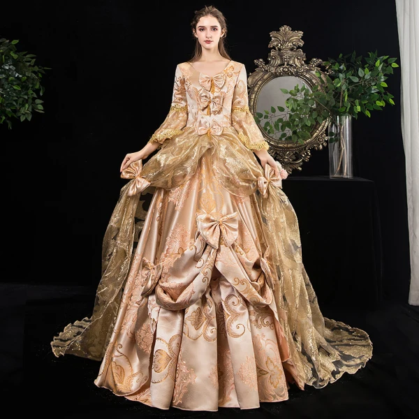 Vintage / Retro Medieval Bling Bling Fabulous Gold Ball Gown Prom Dresses 2021 Long Sleeve 3D Lace V-Neck Puffy Printing Chapel Train Cosplay