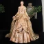 Vintage / Retro Medieval Bling Bling Fabulous Gold Ball Gown Prom Dresses 2021 Long Sleeve 3D Lace V-Neck Puffy Printing Chapel Train Cosplay