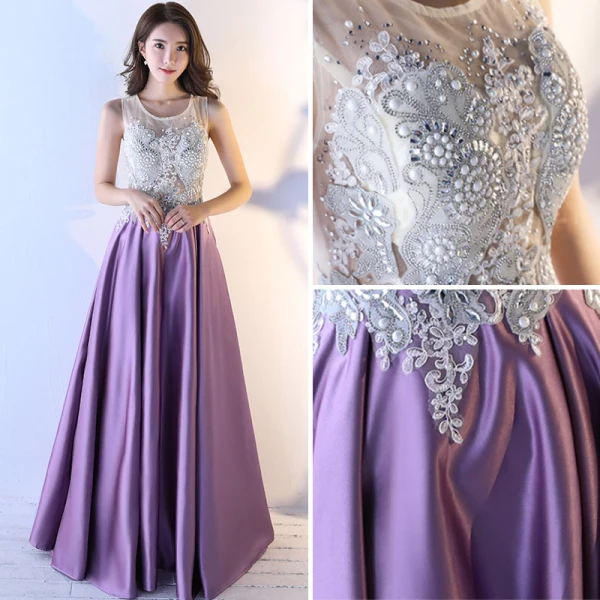Chic / Beautiful Purple Evening Dresses 2017 A-Line / Princess U-Neck Lace Appliques Backless Beading Evening Party Formal Dresses