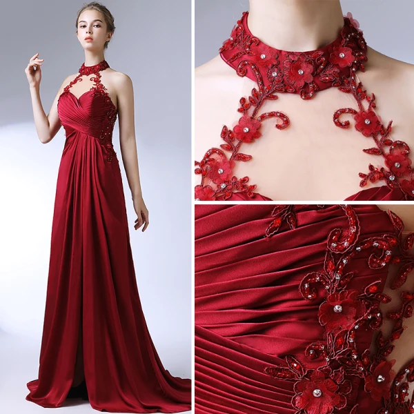 Unique Bordeaux Robe De Soirée 2017 Dentelle Appliques Dos Nu Perlage Soirée Robe De Ceremonie