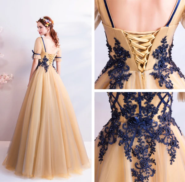 Classic Elegant Yellow Floor-Length / Long Evening Dresses  2018 A-Line / Princess U-Neck Tulle Embroidered Backless Beading Evening Party Prom Dresses