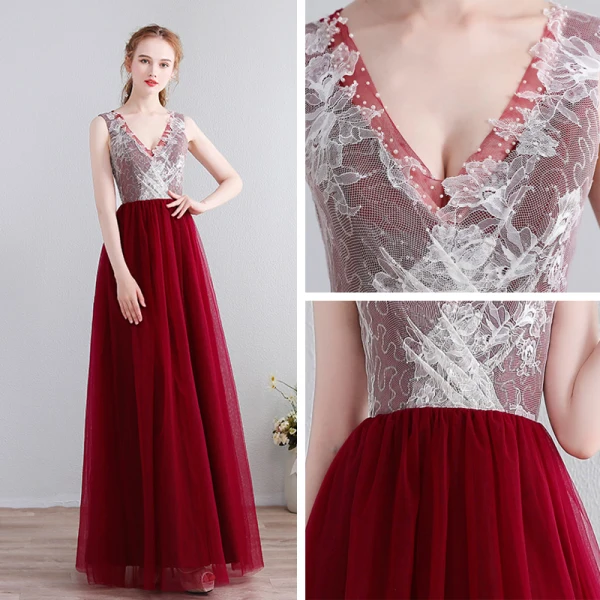 Charming Sexy Floor-Length / Long Evening Dresses 2018 V-Neck Chiffon Lace-up Burgundy Appliques Backless Beading Formal Dresses