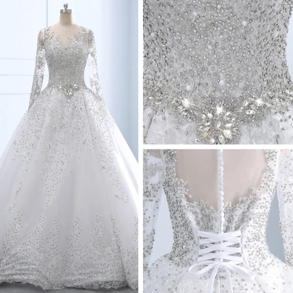 Luxury / Gorgeous White Royal Train Wedding 2018 Tulle U-Neck Backless Beading Crystal Rhinestone Ball Gown Wedding Dresses
