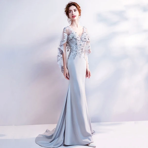Chic / Beautiful Grey Evening Dresses 2018 Trumpet / Mermaid V-Neck Lace Appliques Backless Beading Rhinestone Evening Party Formal Dresses