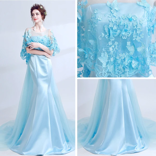 Classic Elegant Sky Blue Evening Dresses 2018 Trumpet / Mermaid U-Neck Charmeuse Butterfly Backless Embroidered Evening Party Formal Dresses