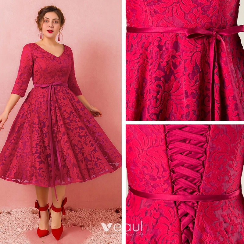 Lovely Burgundy Plus Size Graduation Dresses 2018 A Line Princess Tulle V Neck Lace up Appliques