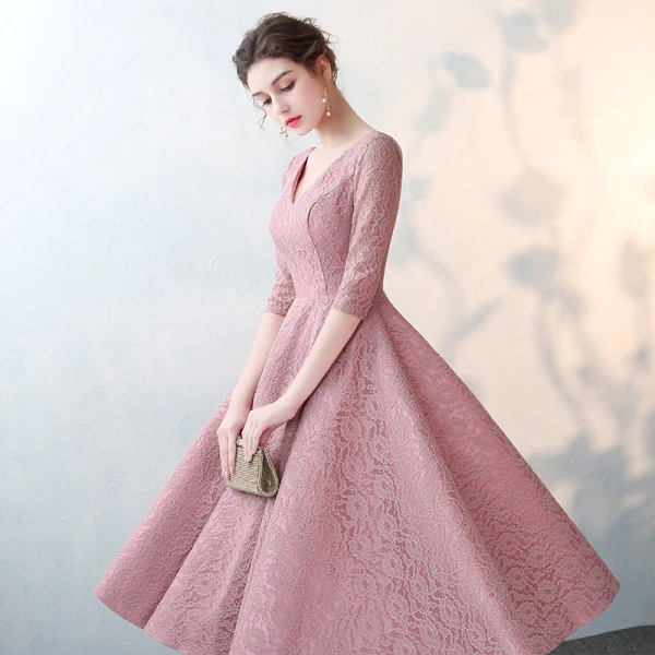 Elegant Blushing Pink 2017 Party Dresses V-Neck Lace Appliques Backless Homecoming Evening Party A-Line / Princess Evening Dresses