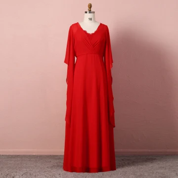 Modest Simple Red Evening Dresses 2020 A Line Princess Long Sleeve U Neck Tulle Lace Solid Color Handmade Floor Length Long Evening Party Formal Dresses