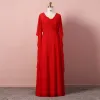 Modest / Simple Red Evening Dresses  2020 A-Line / Princess Long Sleeve U-Neck Tulle Lace Solid Color Handmade  Floor-Length / Long Evening Party Formal Dresses