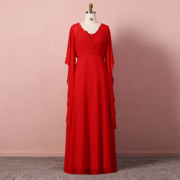 Modest / Simple Red Evening Dresses  2020 A-Line / Princess Long Sleeve U-Neck Tulle Lace Solid Color Handmade  Floor-Length / Long Evening Party Formal Dresses