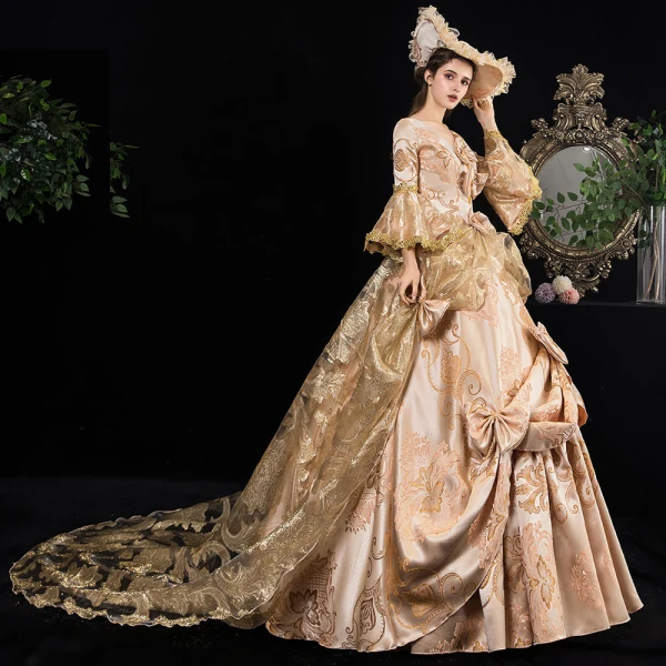 Vintage / Retro Medieval Bling Bling Fabulous Gold Ball Gown Prom Dresses 2021 Long Sleeve 3D Lace V-Neck Puffy Printing Chapel Train Cosplay