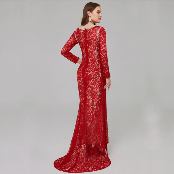 Chic / Beautiful Red Mother Of The Bride Dresses 2020 Trumpet / Mermaid Long Sleeve U-Neck Beading Embroidered Rhinestone Sweep Train Wedding Evening Party Wedding Party Dresses