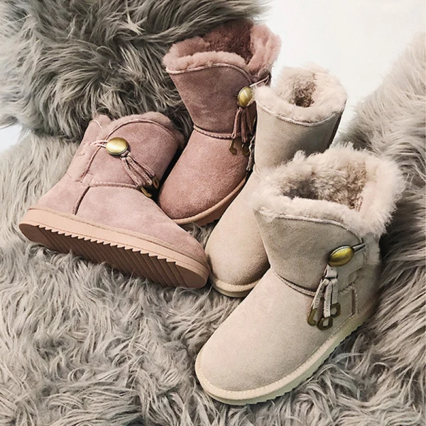 Klassieke Elegante Bruin Snowboots 2020 Gesp Kwast Wollen Leer Toevallig Tuin / Outdoor Winter Plat Ronde Neus Dames Laarzen