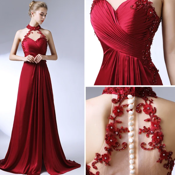Unique Bordeaux Robe De Soirée 2017 Dentelle Appliques Dos Nu Perlage Soirée Robe De Ceremonie