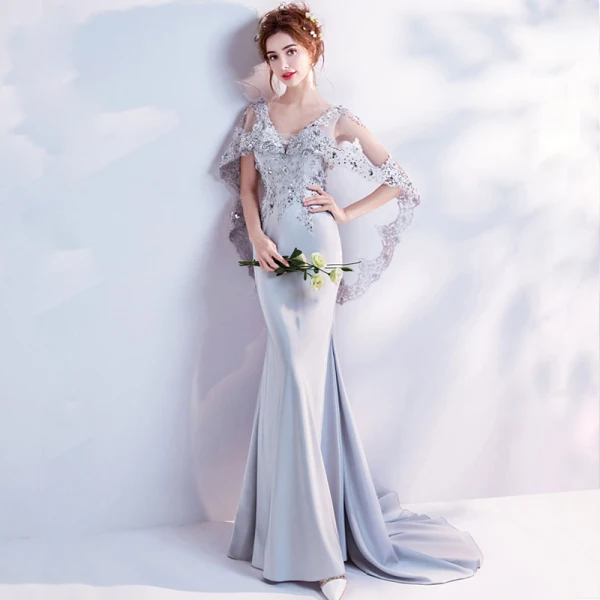 Chic / Beautiful Grey Evening Dresses 2018 Trumpet / Mermaid V-Neck Lace Appliques Backless Beading Rhinestone Evening Party Formal Dresses