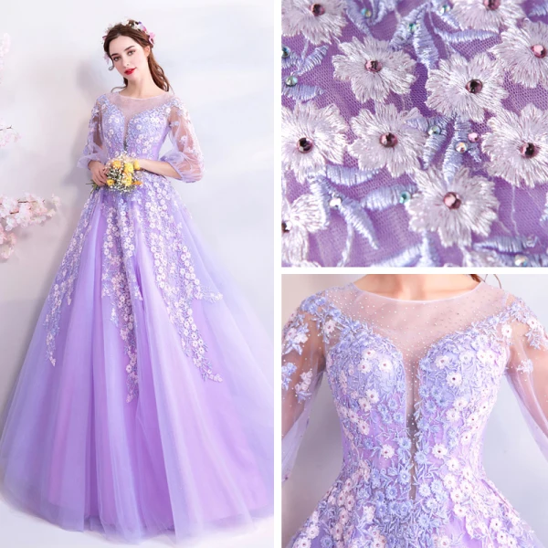 Flower Fairy Lavender Floor-Length / Long Prom Dresses 2018 A-Line / Princess Tulle U-Neck Appliques Backless Beading Evening Party Prom Formal Dresses