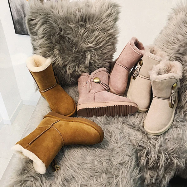 Klassieke Elegante Bruin Snowboots 2020 Gesp Kwast Wollen Leer Toevallig Tuin / Outdoor Winter Plat Ronde Neus Dames Laarzen