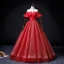 Elegant Red Spotted Prom Dresses 2022 Ball Gown Off-The-Shoulder Bell sleeves Backless Bow Sash Floor-Length / Long Prom Formal Dresses