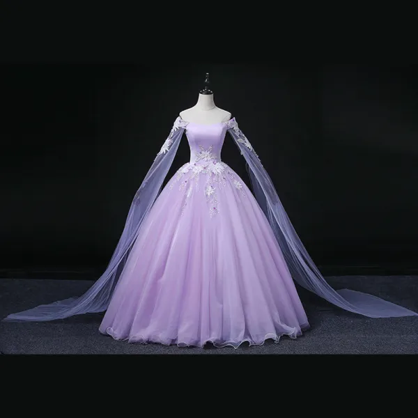 Elegant Lavender Beading Sequins Appliques Prom Dresses 2022 Ball Gown Off-The-Shoulder With Shawl Long Sleeve Backless Floor-Length / Long Prom Formal Dresses