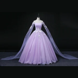 Elegant Lavender Beading Sequins Appliques Prom Dresses 2022 Ball Gown Off The Shoulder With Shawl Long Sleeve Backless Floor Length Long Prom Formal Dresses