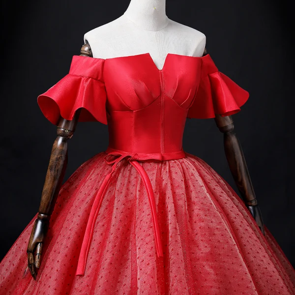 Elegant Red Spotted Prom Dresses 2022 Ball Gown Off-The-Shoulder Bell sleeves Backless Bow Sash Floor-Length / Long Prom Formal Dresses