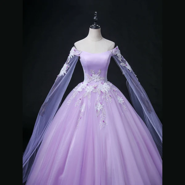 Elegant Lavender Beading Sequins Appliques Prom Dresses 2022 Ball Gown Off-The-Shoulder With Shawl Long Sleeve Backless Floor-Length / Long Prom Formal Dresses
