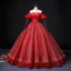 Elegant Red Spotted Prom Dresses 2022 Ball Gown Off-The-Shoulder Bell sleeves Backless Bow Sash Floor-Length / Long Prom Formal Dresses