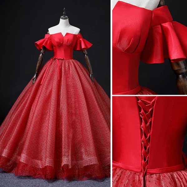 Elegant Red Spotted Prom Dresses 2022 Ball Gown Off-The-Shoulder Bell sleeves Backless Bow Sash Floor-Length / Long Prom Formal Dresses