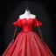 Elegant Red Spotted Prom Dresses 2022 Ball Gown Off-The-Shoulder Bell sleeves Backless Bow Sash Floor-Length / Long Prom Formal Dresses