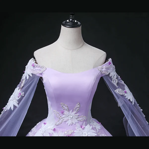 Elegant Lavender Beading Sequins Appliques Prom Dresses 2022 Ball Gown Off-The-Shoulder With Shawl Long Sleeve Backless Floor-Length / Long Prom Formal Dresses