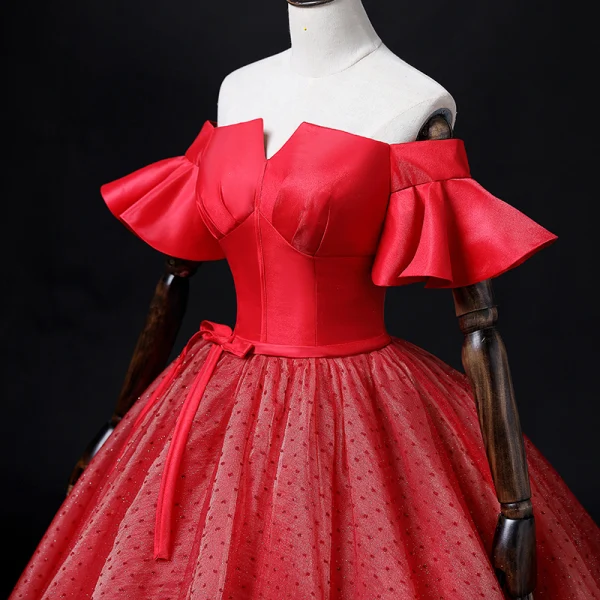 Elegant Red Spotted Prom Dresses 2022 Ball Gown Off-The-Shoulder Bell sleeves Backless Bow Sash Floor-Length / Long Prom Formal Dresses