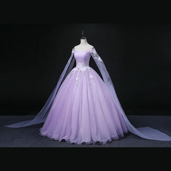 Elegant Lavender Beading Sequins Appliques Prom Dresses 2022 Ball Gown Off-The-Shoulder With Shawl Long Sleeve Backless Floor-Length / Long Prom Formal Dresses