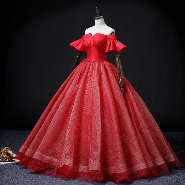Elegant Red Spotted Prom Dresses 2022 Ball Gown Off-The-Shoulder Bell sleeves Backless Bow Sash Floor-Length / Long Prom Formal Dresses
