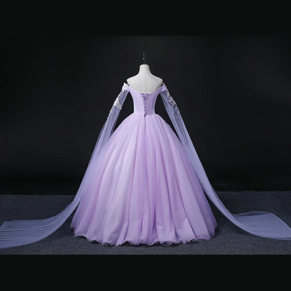 Elegant Lavender Beading Sequins Appliques Prom Dresses 2022 Ball Gown Off-The-Shoulder With Shawl Long Sleeve Backless Floor-Length / Long Prom Formal Dresses