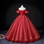 Elegant Red Spotted Prom Dresses 2022 Ball Gown Off-The-Shoulder Bell sleeves Backless Bow Sash Floor-Length / Long Prom Formal Dresses
