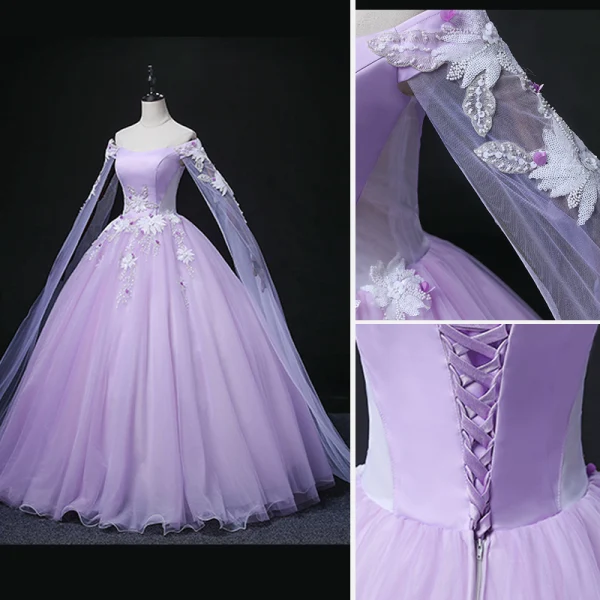 Elegant Lavender Beading Sequins Appliques Prom Dresses 2022 Ball Gown Off-The-Shoulder With Shawl Long Sleeve Backless Floor-Length / Long Prom Formal Dresses