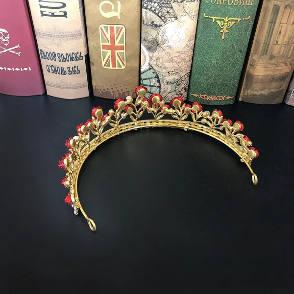 Fine Rød Blomst Rhinestone Gull Bryllup Tiara 2022 Legering Har Tilbehor