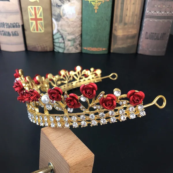 Fine Rød Blomst Rhinestone Gull Bryllup Tiara 2022 Legering Har Tilbehor