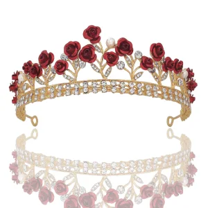 Mooie Prachtige Rode Bloem Rhinestone Goud Huwelijk Tiara 2022 Legering Bruids Haaraccessoires